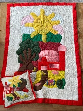 Handmade Yellow Sunflower Patchwork Quilt with Red Border